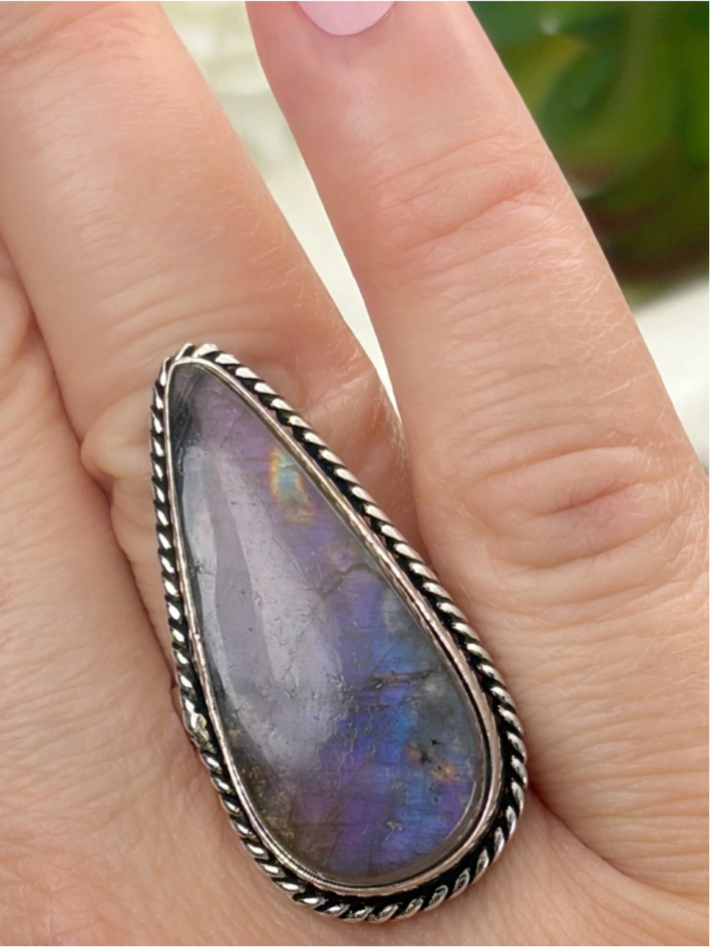 Purple Labradorite Ring Size 9 1/2 9.5 Vintage Style Sterling Silver 925 Overlay